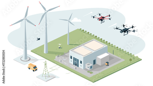 Isometric View of Renewable Energy Infrastructure with Wind Turbines and Drones