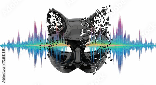 Shattered feline mask intertwining with vibrant audio waves against a white backdrop