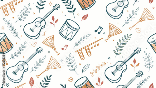 Whimsical Musical Instruments and Botanical Elements Pattern Design