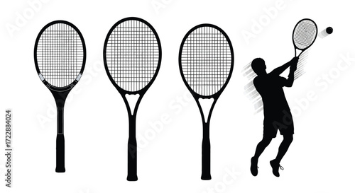 Tennis rackets and silhouette of player serving ball action sports lifestyle vector