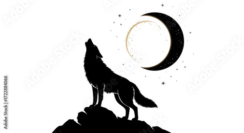 Solitary wolf silhouette howling at celestial moon under a starry night sky illustration