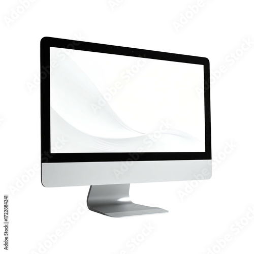 Sleek silver all-in-one desktop computer with a large, bright, blank screen displaying a subtle, wavy white design