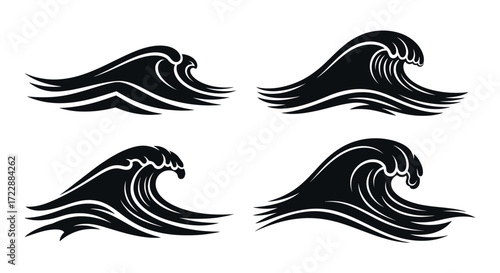 Dynamic black ink style waves collection maritime sea ocean storm nautical graphic elements vector