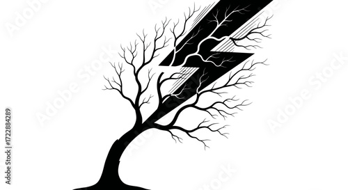Striking minimalist image of a silhouette tree intertwined with abstract lightning bolts graphic