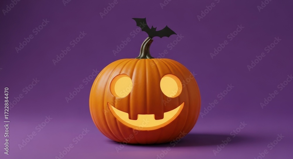 Fototapeta premium Cute glowing jack-o'-lantern with a bat