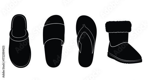 Collection of footwear silhouettes including slippers flip-flops and boots isolated vector