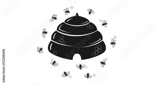 Stylized beehive illustration surrounded by worker bees creating honey for storage