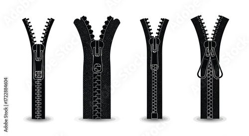 Four zipper details diverse styles metallic fastener close up apparel fashion components vector
