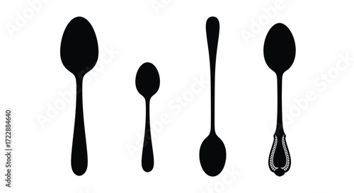 Four black spoons of varying sizes and styles silhouette on a vector
