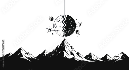 Stylized graphic illustration of mountains landscape with hanging cracked planet