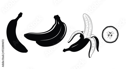 Four stages of banana whole silhouette peeled and slice isolated on white vector