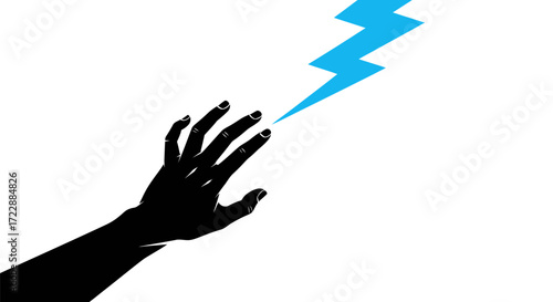 Stylized reaching hand interacting with an electric blue bolt, isolated illustration, symbol of