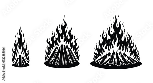 Three bonfires in silhouette style with growing flame intensity and size vector