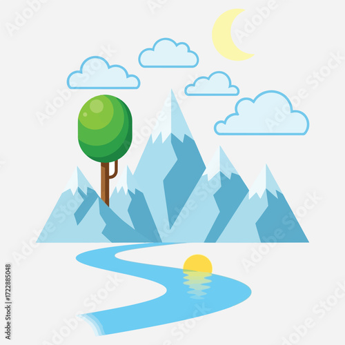 Scenic landscape illustration featuring mountains, river, clouds, and a radiant sun, nature scene