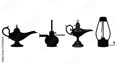 Collection of silhouette magic lamps genie wish ancient artifacts and a modern lantern vector