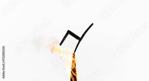 Surrealist depiction of a chair engulfed in flames against a stark white background