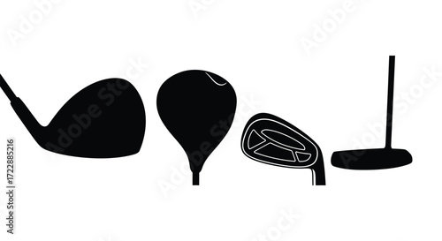 Set of golf club heads and tee stylized silhouette graphic vector