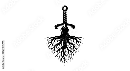 Sword entwined with roots symbolizing strength foundation and heritage connection