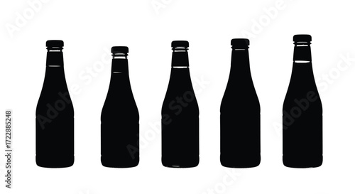 Five silhouette glass bottles of various sizes standing in a row for drinks or beverages vector