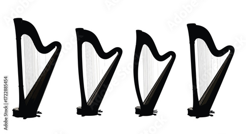 Four silhouette harps arranged horizontally against a ideal for music vector