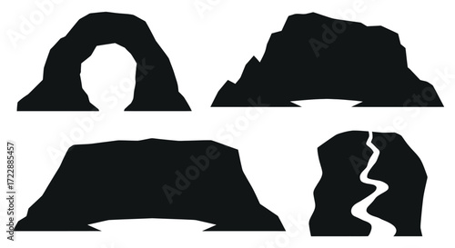 Four distinct silhouette rock formations and cave entrances natural landscapes vector