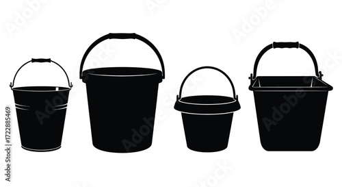 Collection of four black silhouette buckets of various sizes lined up together isolated vector