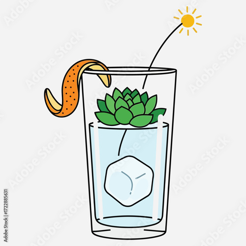 A fresh botanical cocktail concept illustrated with a succulent, ice cube, and an orange peel garnish, evoking a sunny refreshment