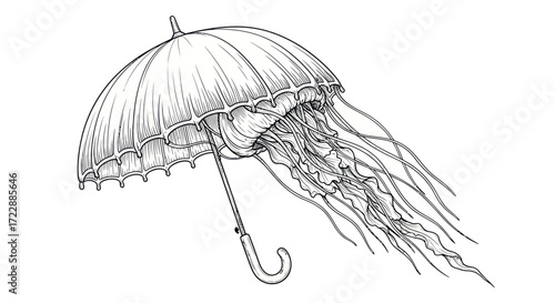 Umbrella transformed into a Jellyfish fantasy concept with detailed line art depiction
