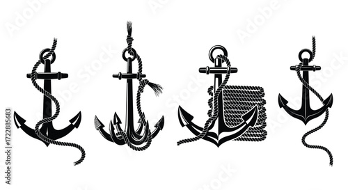 Collection of four vintage nautical anchors symbolizing maritime adventure and seafaring exploration vector