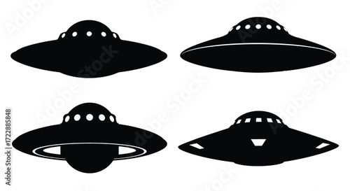 Four black silhouette flying saucers or ufos displayed in a grid pattern vector