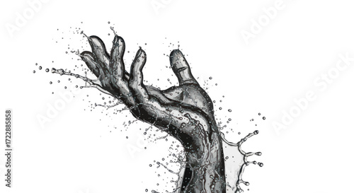 Water hand sculpture against a white background demonstrating liquid dynamics and form