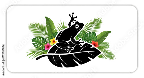 Whimsical frog silhouette amidst vibrant tropical foliage and blossoms for artistic displays