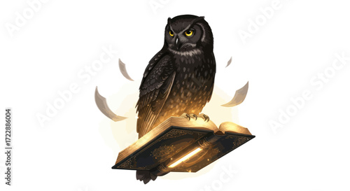 Wise owl perched on illuminated book radiating magical essence in a serene atmosphere