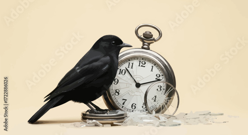 A black bird rests on a shattered pocket watch, symbolizing mortality and the passage of fleeting