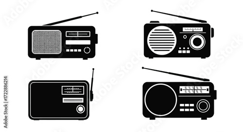Four retro portable radios silhouette collection classic vintage broadcast receiver set vector