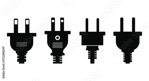 Four silhouetted electrical plugs displayed side by side against a vector