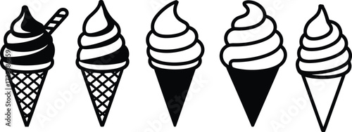 Ice cream cone illustrations, black and white vector, dessert design, sweet food art, summer treat, cartoon style, decorative icon, stock image, cafe branding, playful drawing