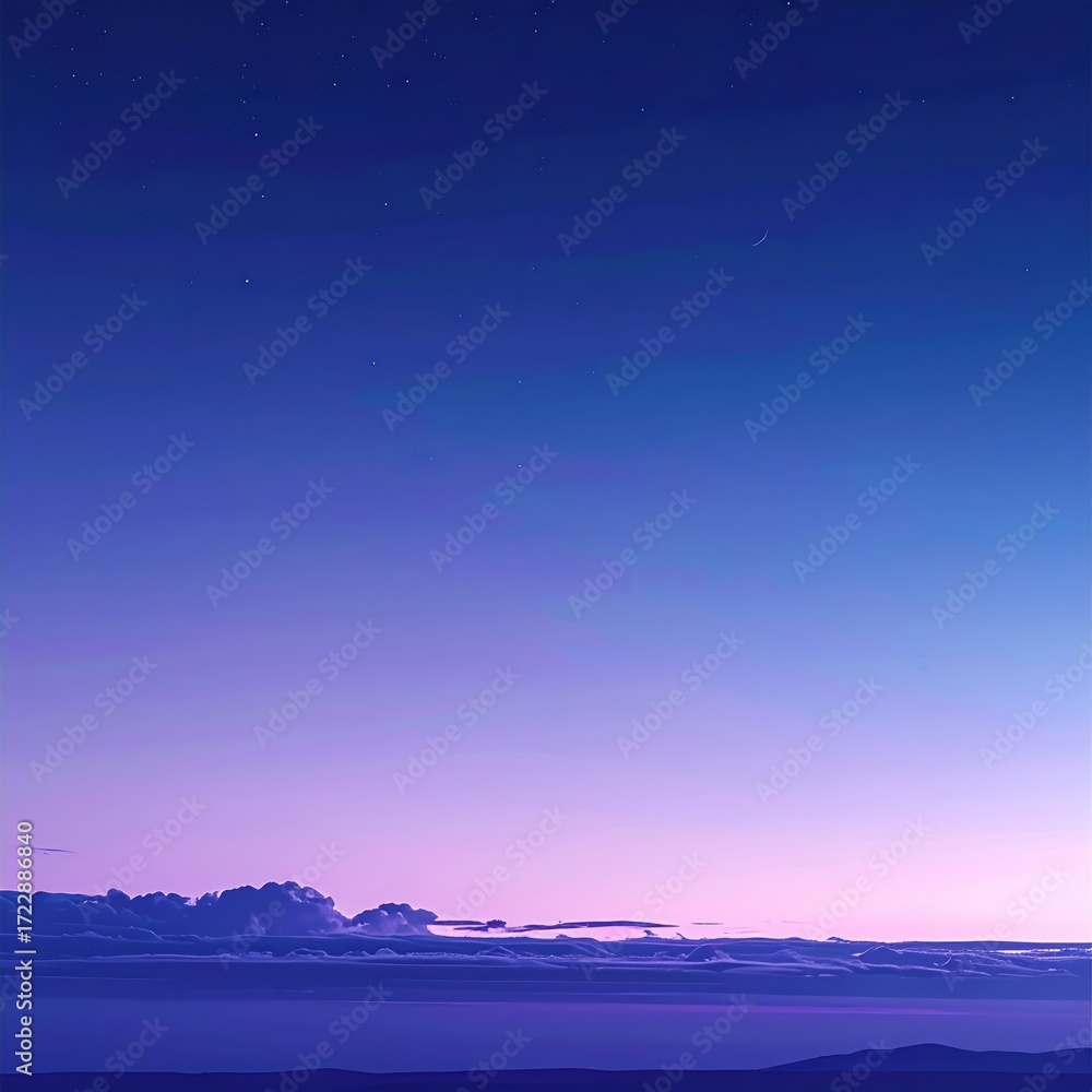 Fototapeta premium Ethereal nighttime scene with vibrant purple hues, soft cloud layer, and a starry sky creating a serene, dreamy, and atmospheric ambiance