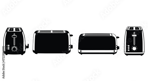 Modern kitchen toasters silhouette set showing different angles for breakfast preparation vector