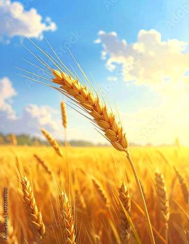 Golden wheat field under a bright, sunny sky with fluffy clouds. Single ear of wheat in focus, the scene evokes warmth and abundance