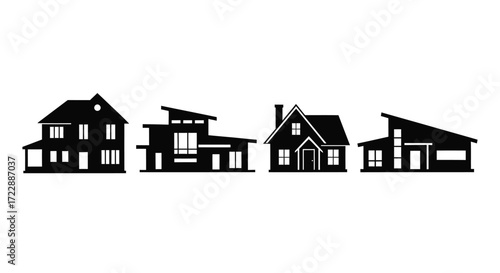 Collection of diverse architectural house silhouettes showcasing different styles and rooflines vector