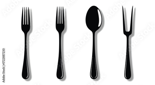 Collection of shiny silver cutlery including forks spoon and carving fork isolated on white vector