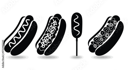 Set of hot dogs and corn dog with condiments delicious fast food icons vector