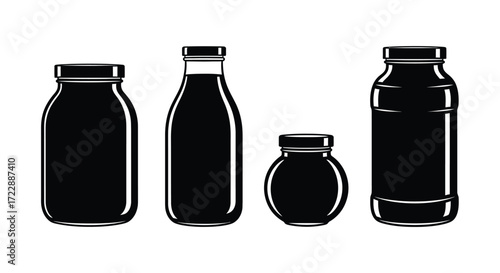 Set of four black glass jars and bottles with lids isolated on vector