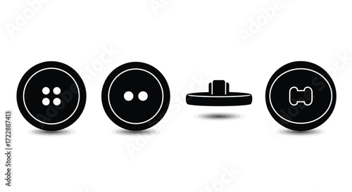 Set of four black sewing buttons displayed from multiple angles and styles vector