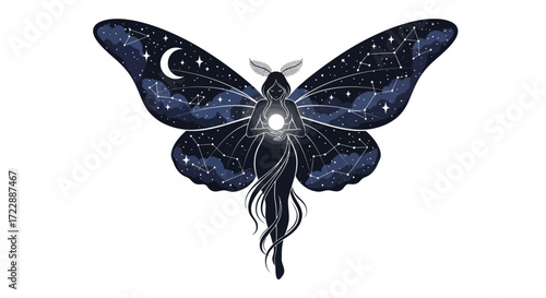 Celestial moth deity illustration with starry wings and moon crescent design concept