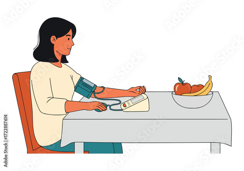 Woman measuring blood pressure while sitting at a table