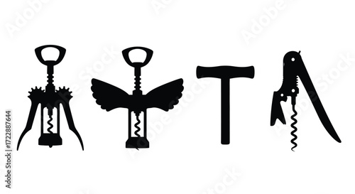 Collection of four distinct black corkscrew silhouettes for wine opening tools and accessories vector