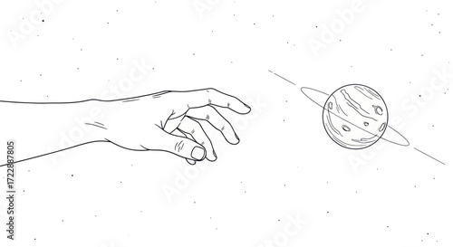 Conceptual artwork showcasing human connection to the cosmos with an outstretched hand