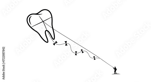 Conceptual dental health illustration depicting a tooth kite being flown by a small figure
